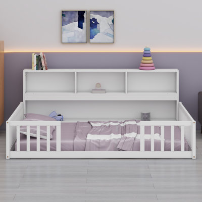 Floor Bed With Side Bookcase,Shelves,Guardrails