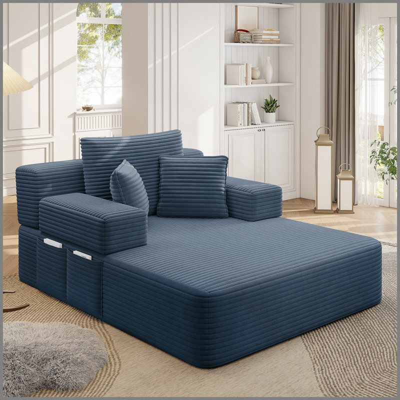 Luxueuse chaise longue en velours côtelé moelleux avec 3 coussins, canapé-lit convertible avec poche de rangement, conception sans cadre et mousse à compression pour les petits espaces, salon, appartement, bleu