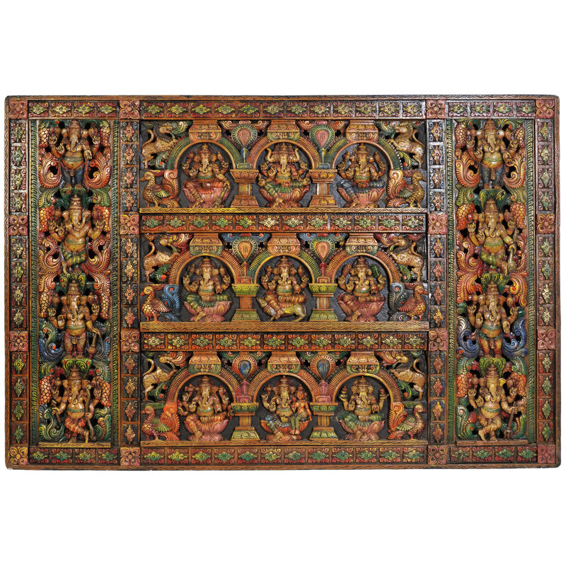 Panneau mural en bois sculpté à la main Ganesha | Sculpture complexe en relief 3D | Décoration spirituelle pour vestibule et autel