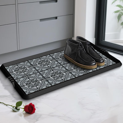 Tapis de chaussures à motif décoratif, tapis en caoutchouc pour l'intérieur et l'extérieur, tapis de nettoyage de chaussures antidérapant de 16 po x 27,5 po, rangement pour chaussures imperméable avec impressions artistiques pour le vestibule (gris)