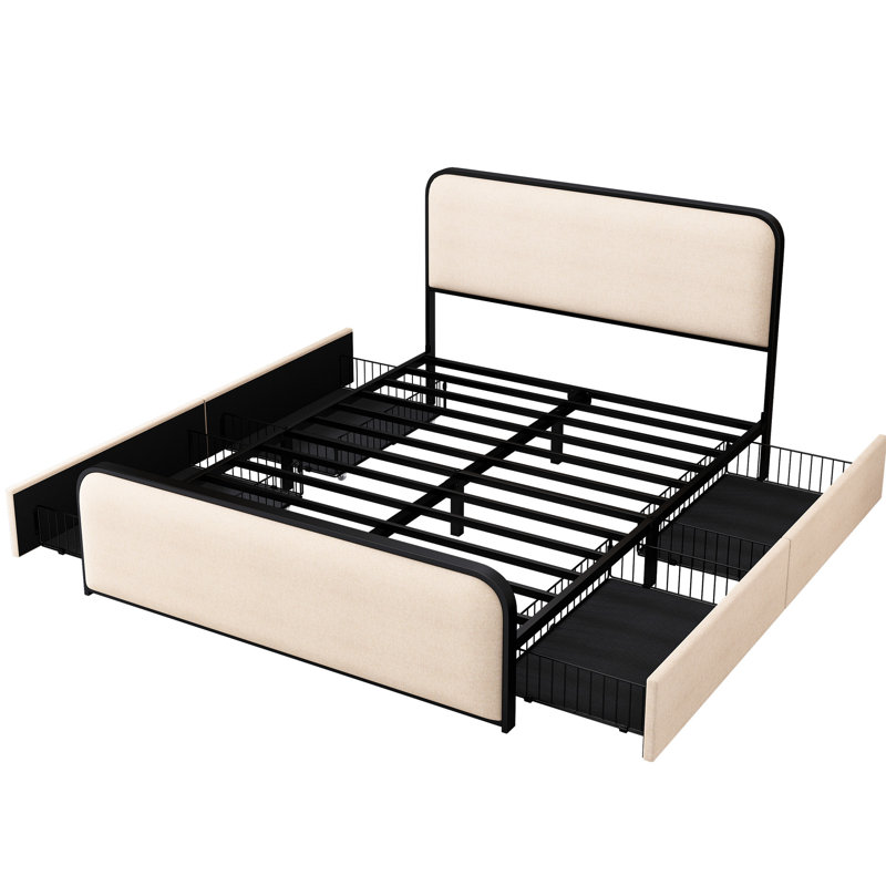 Lit très grand moderne en métal beige avec tête de lit tapissier incurvée et 4 tiroirs, structure de surface confortable sous la peau, assemblage facile