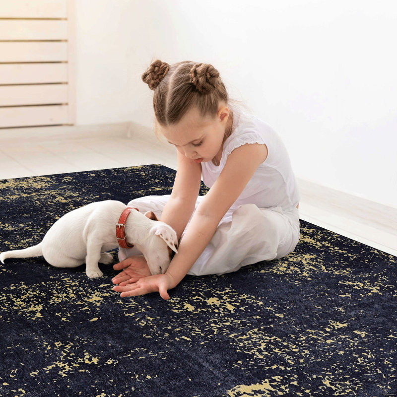 5x8 Area Rug For Bedroom, Washable, Non-slip, Non-shedding, Foldable, & Pet , Low-pile, , Stain , Black + Gold, Traditional Living Room, Kitchen, Dining Room - Super Soft, Gold