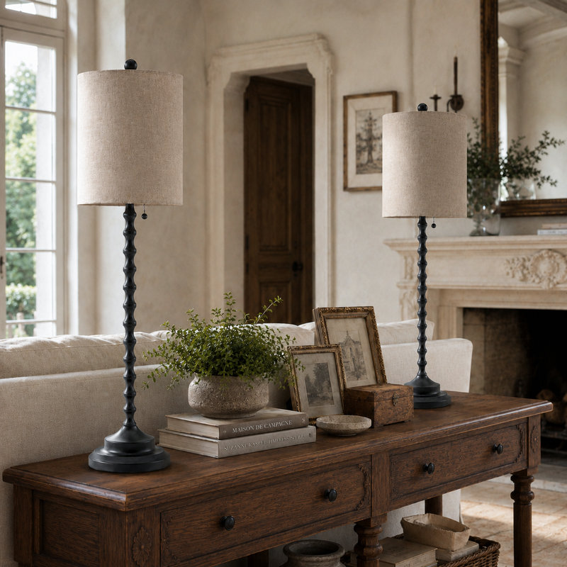 Lampes de table de style campagnard français noires à fuseaux, 77,5 cm (30,5 po), avec abat-jour en lin, ensemble de 2