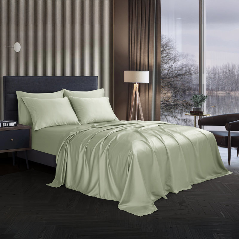 Modern Threads 6-Piece Satin Sheet Set with Deep Pocket Fitted Sheet, 4 Pillowcases, and Organizer, Green