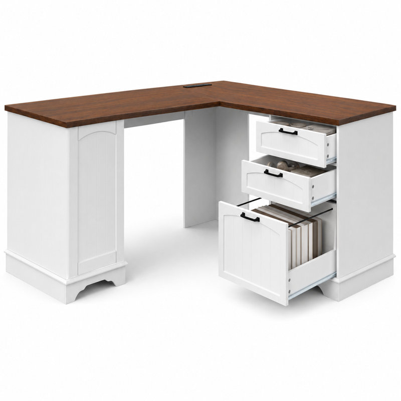 Bureau d'ordinateur en L 59 po avec tiroirs et prises de courant, walnut/white