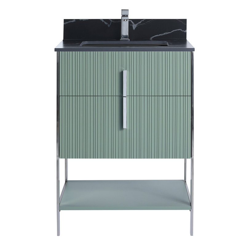 Meuble-lavabo moderne avec plateau en pierre Serenity, Vert menthe / chrome, 24", Pierre d'ingénierie noire