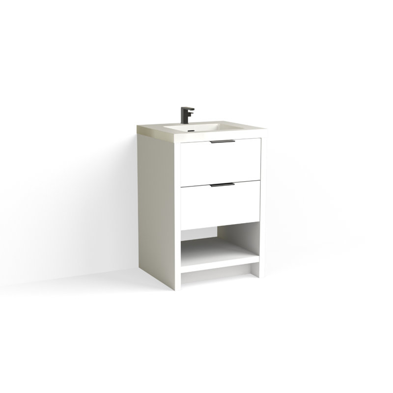 Vue 24" W Freestanding Single Bathroom Vanity, Glossy White/Single, Matte Black, White Nanomatte