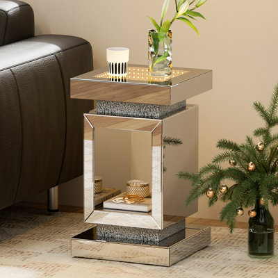 Modern Mirrored End Table with LED Light, Crushed Diamond Side Table with Cylindrical Base for Living Room, Bedroom and Office, Sliver