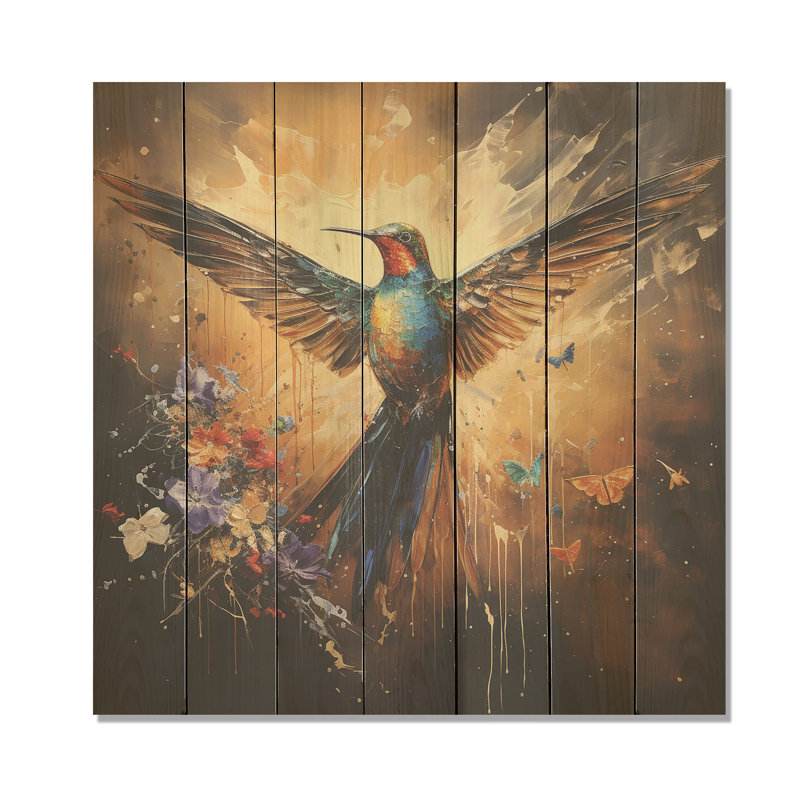 Colibri à plumes, flamme II - animal colibri sur bois, H 36 po x l 36 po