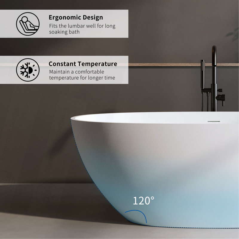 Baignoire matte à surface solide de 70,8 po, baignoire de trempage à surface solide, baignoire autoportante en résine de pierre, baignoires autoportantes à rebord épais avec trop-plein, bonde escamotable, blanc mat (ovale)