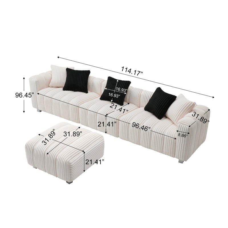 Canapé en velours côtelé avec repose-pieds et coussins Défino, 24.41" H x 114.17" W x 64" D, Blanc lait