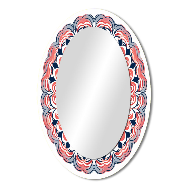 Exquisite Mandala In Retro Blue And Orange III - Pink Bohemian Oval Wall Mirror, 36" x 24"