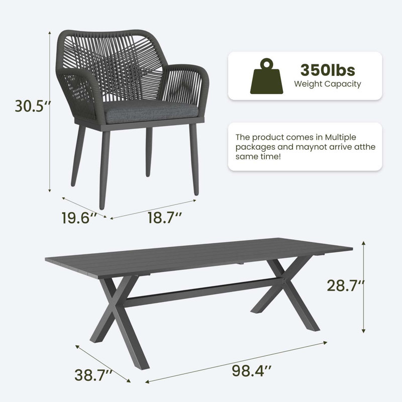 7 Pieces Outdoor Dining Set With Rectangular Dining Table And 6 Chairs, Dark Gray Cushion/ Gray Frame, Gray, 6