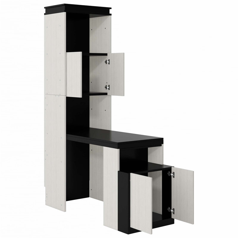 Lit escamotable double avec bureau, tablettes et armoires de rangement