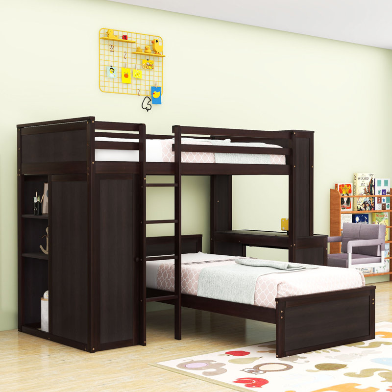 Lit superposé avec bureau, tablettes et tiroirs, garde-robe, Lit superposé simple sur simple, Espresso