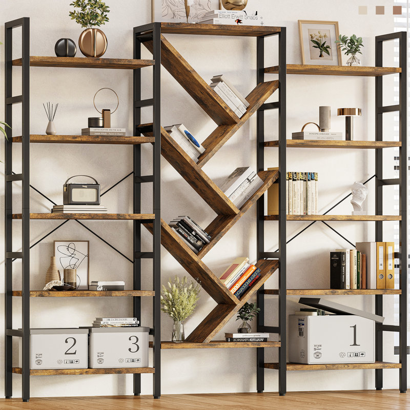 Etagere Bookcase, Bookshelf with 17 Open Display Shelves Modern Tree Book Shelf, Rustic Brown/Black