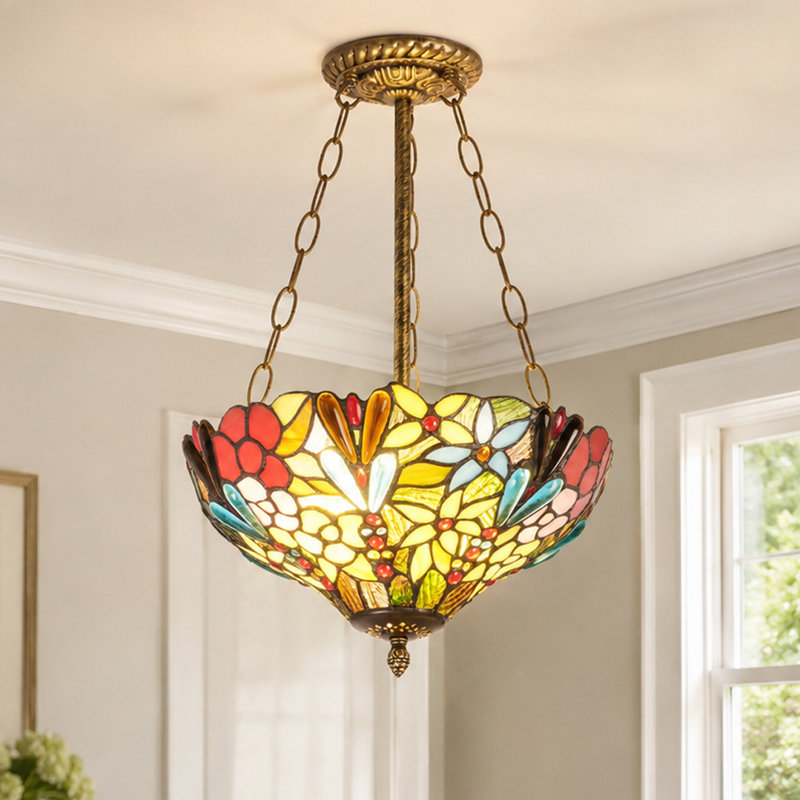 2 - Light Tiffany-Style Stained Glass Chandelier Dimmable Semi Flush Mount Ceilling Light