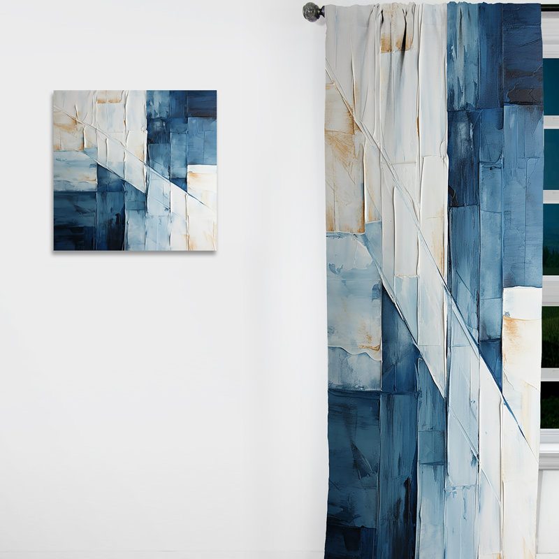 Geometric Curtain Panel, Nautical Blue White Pattern Blackout Decor - Nautical White And Blue Geometry Shapes VI