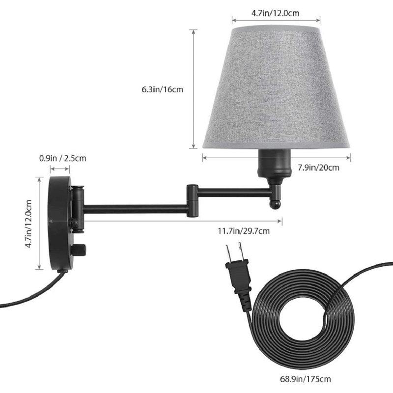 Ilka Plug-in Swing Arm Sconce, 6.3" H x 11.7" W x 7.9" D, Gray