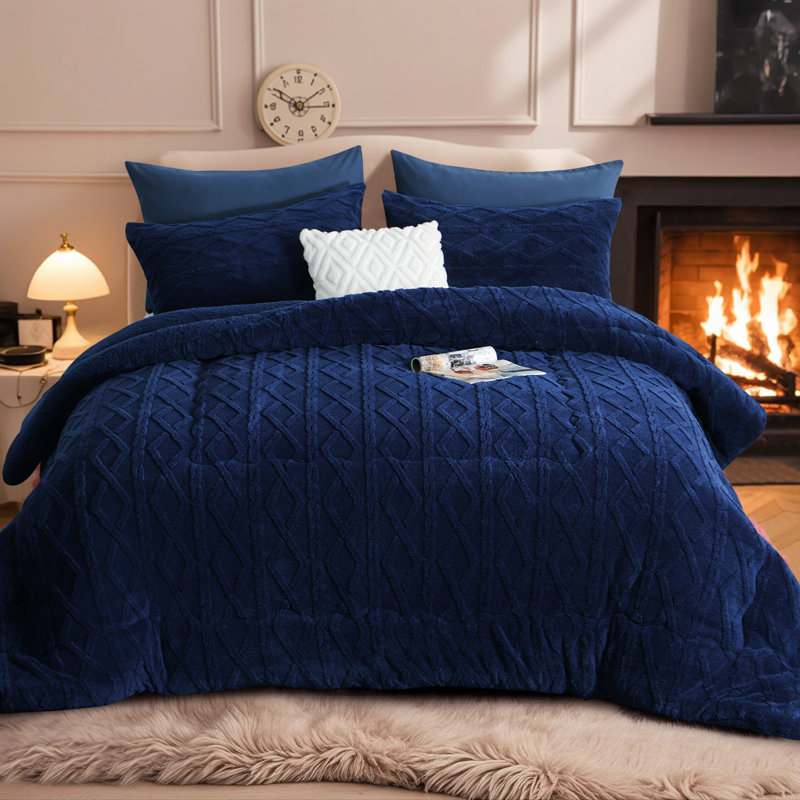 Sherpa Fleece Comforter, Reversible Flannel Blanket, 3D Jacquard Design, Queen Comforter, Navy