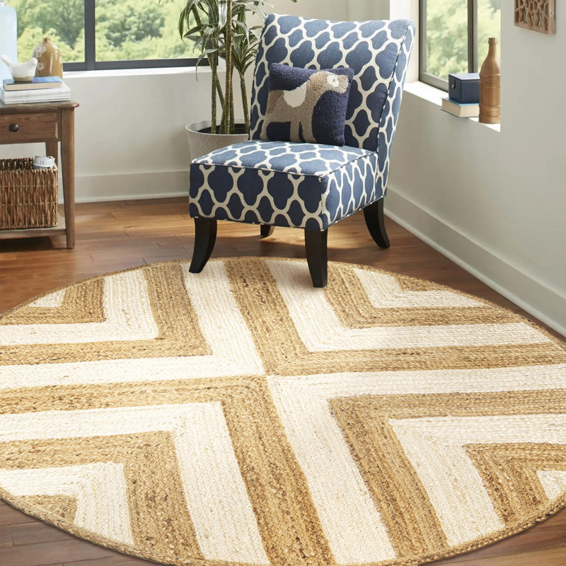 Adwin Two-Tone Chevron Round Jute Cream/Natural Rug, Round 5'1"