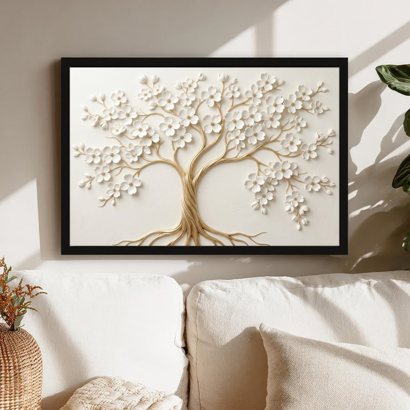 Toile noire encadrée en bois noir pour le salon, la chambre à coucher, le bureau ou le vestibule - décoration murale décorative avec arbre en fleurs