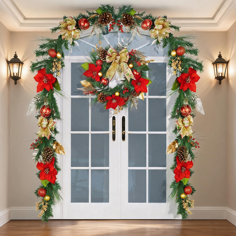 Couronne de Noël rouge et dorée pré-illuminée de 61 cm (24 pouces), avec guirlande de 2,74 m (9 pieds).