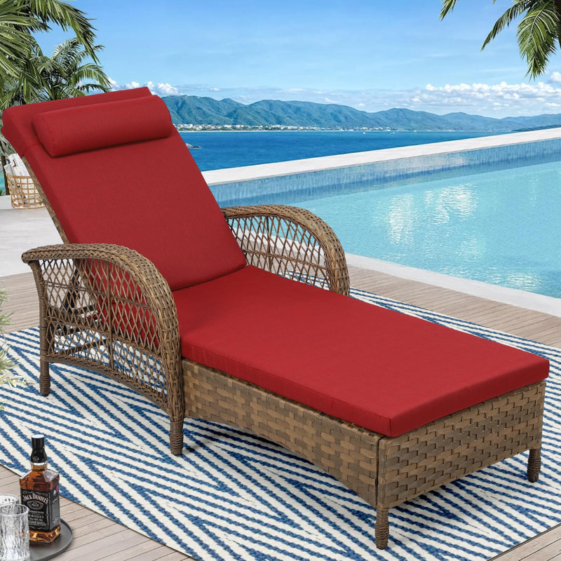 Outdoor Chaise Lounge Chair, Pe Wicker Long Recliner Patio Lounge Chair With Cushion, 6-Position Patio Reclining Sun Lounger With Adjustable Backrest For Poolside, Armrest & Pillow, Red
