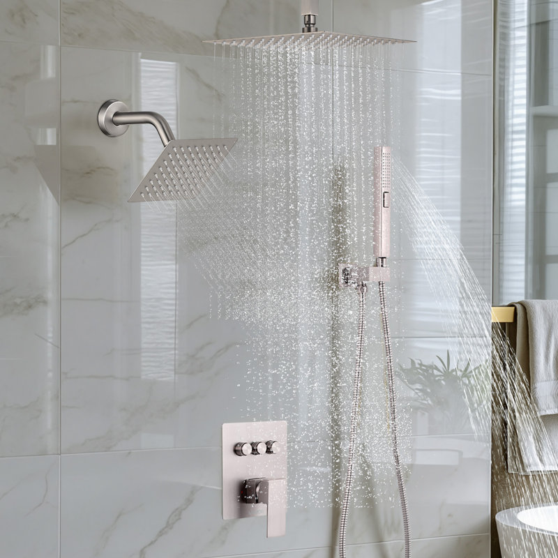 Shower Faucet Set, 10 Inch Ceiling Mount Rainfall Shower System with 6 Inch Wall Mount Head and 2 in 1 Handheld Spray, Rotatable 3-Function Dual Rain Head Brass Valve & Trim Kit, Brushed Nickel