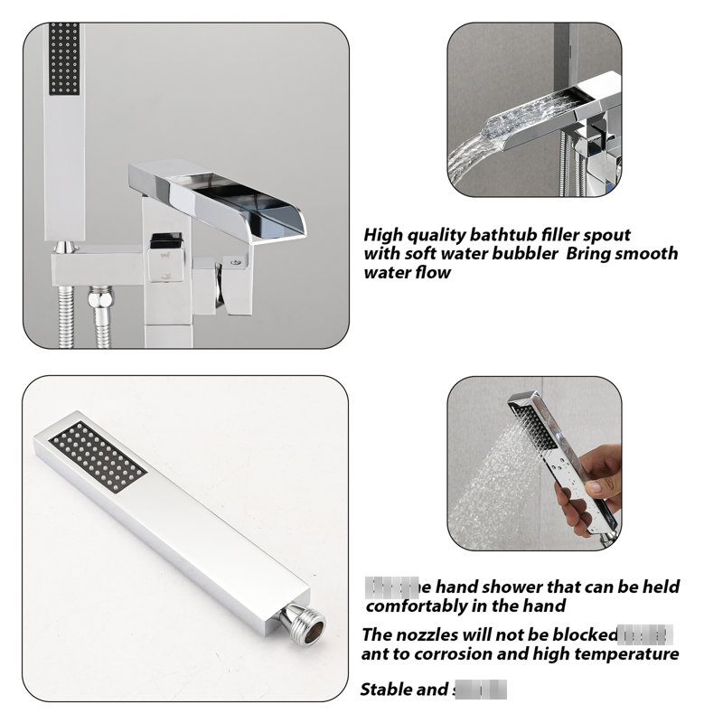 Finish Tub Filler With Waterfall Spout And Handheld Shower Bathroom Metal Handle In Matte Black, Silver