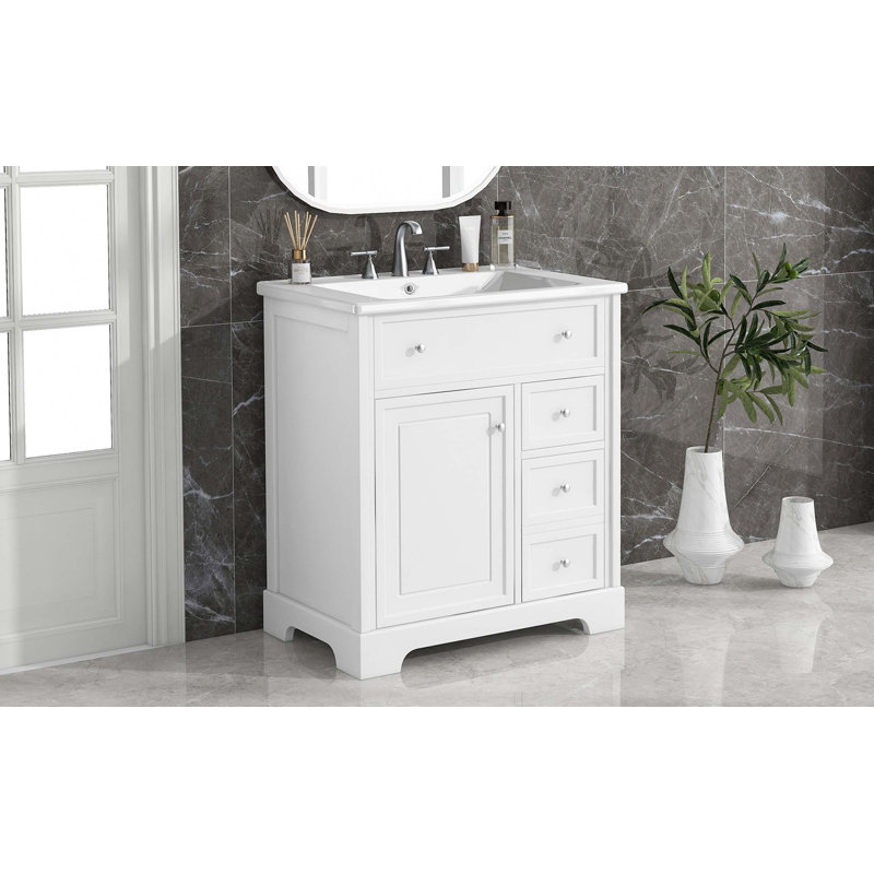 Meuble-lavabo 30 po avec comptoir, meuble-lavabo avec porte et deux tiroirs, planches en panneau de fibres à densité moyenne, bois massif, un paquet
