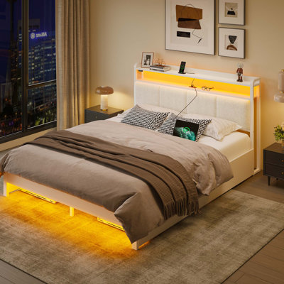 Bed with Headboard and Power Outlets, Upholstered bed with 4 Drawers and RGB LED Lights