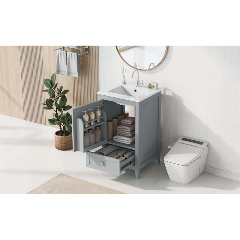 Gray MDF Freestanding Bathroom Vanity with White Ceramic Sink