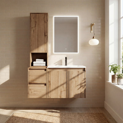 Floating Single Bathroom Vanity with Upper Cabinet, Ceramic Sink and Handle-Free Design
