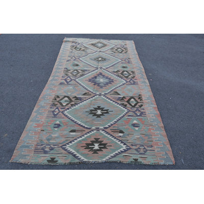 Antique Turkish Kilim Rug with Geometric Design - Authentic Bohemian Oushak Kilim for Organic Decor Purple/Orange