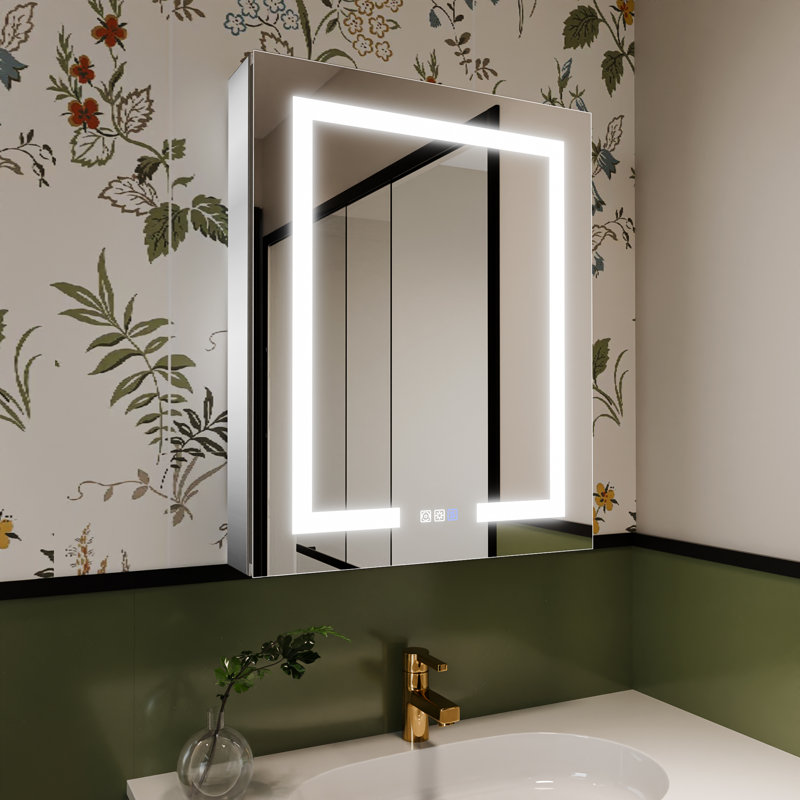 Livvia Recessed or Surface Mount Frameless LED Medicine Cabinet with Electrical Outlet and Anti-fog, 30" H x 24" W x 5.25" D