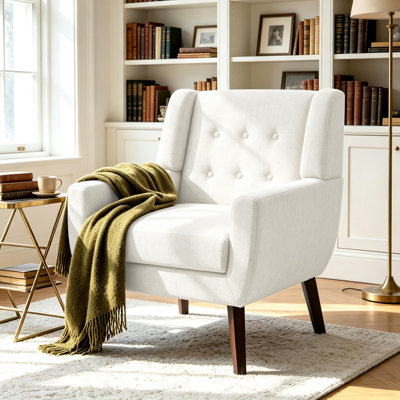 Jaqueze Upholstered Beige Linen Blend Tufted Wide Back Armchair with Solid Wood Legs
