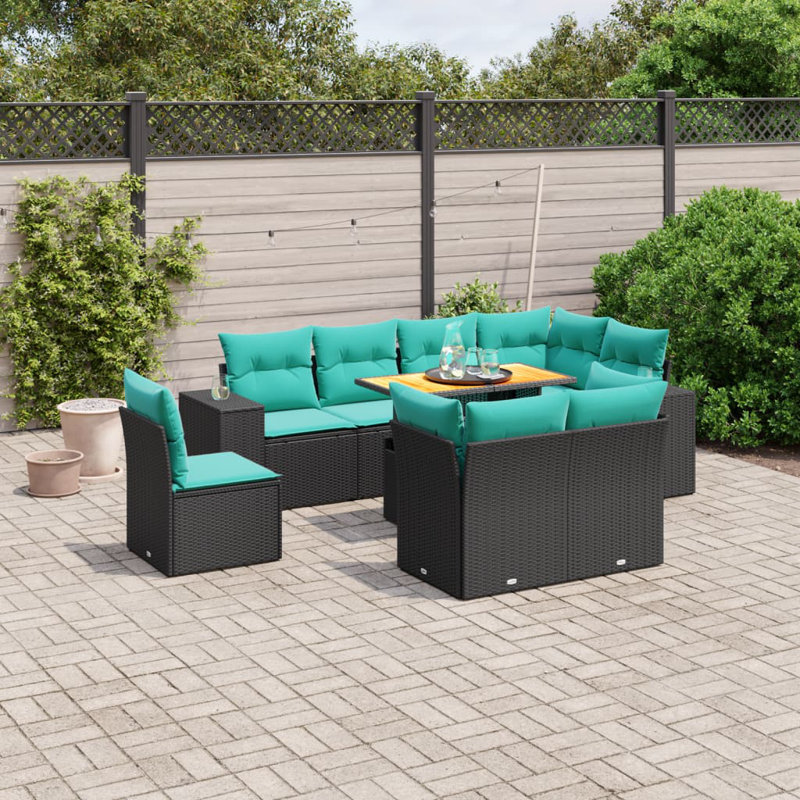  Ensemble de canapé de patio 9 pièces avec coussins en rotin de polyester, Noir, Vert