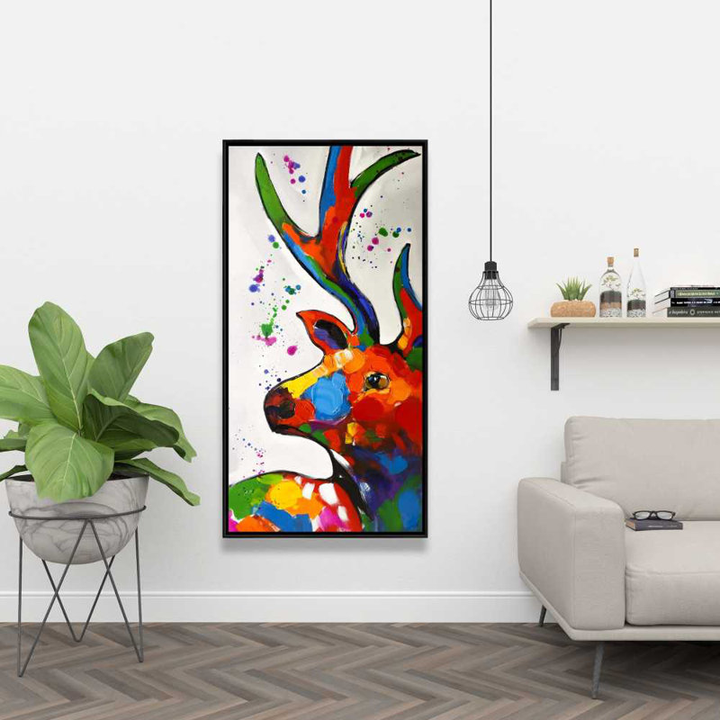 Abstract Colorful Deer with Paint Splash - Framed Canvas Art