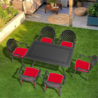 7 Aluminum Patio Furniture , Black Frame, Red Cushions, Traditional Casting With Lines, Coating, Comfortable Seating Design, Space Stacking, Sunproof Noise-reducing Foot Pads High-temperature-