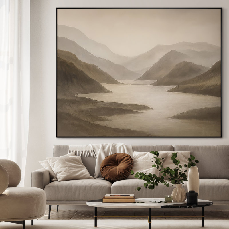 Extra Large Wall Art Fabric Print - Modern Neutral Abstract Landscape for Contemporary Home Artwork Decor for Living Room or Bedroom - "Frame Assembly Required (Unfinished Frame)"