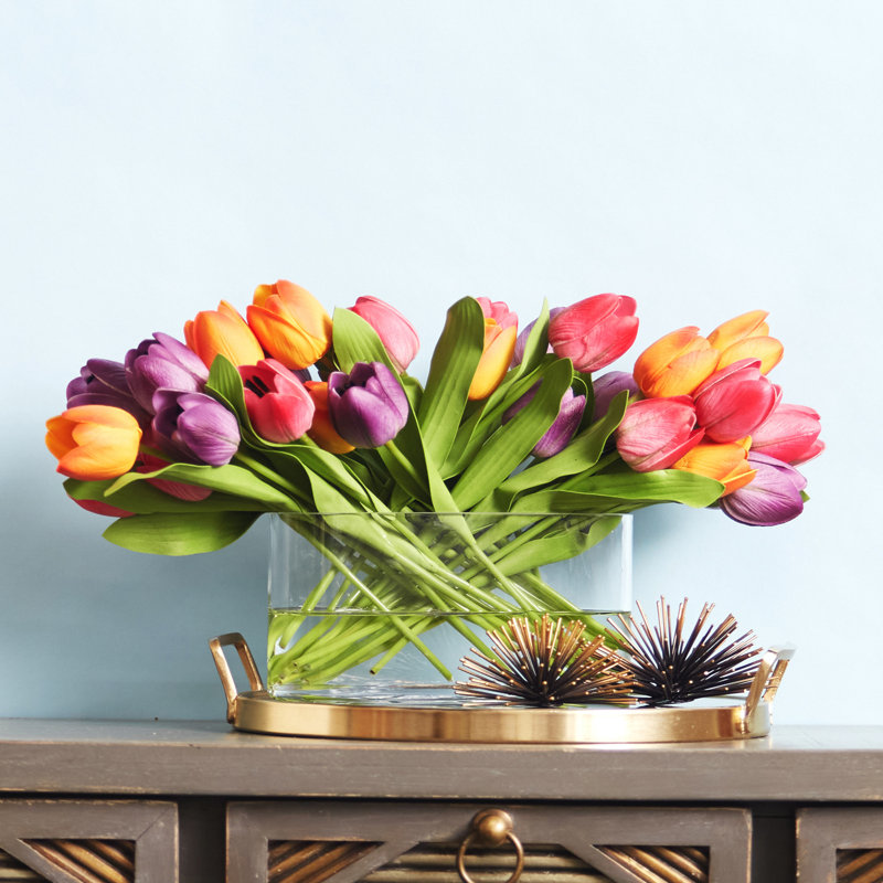 Arrangement floral tulipe mélangé dans un vase, Orange