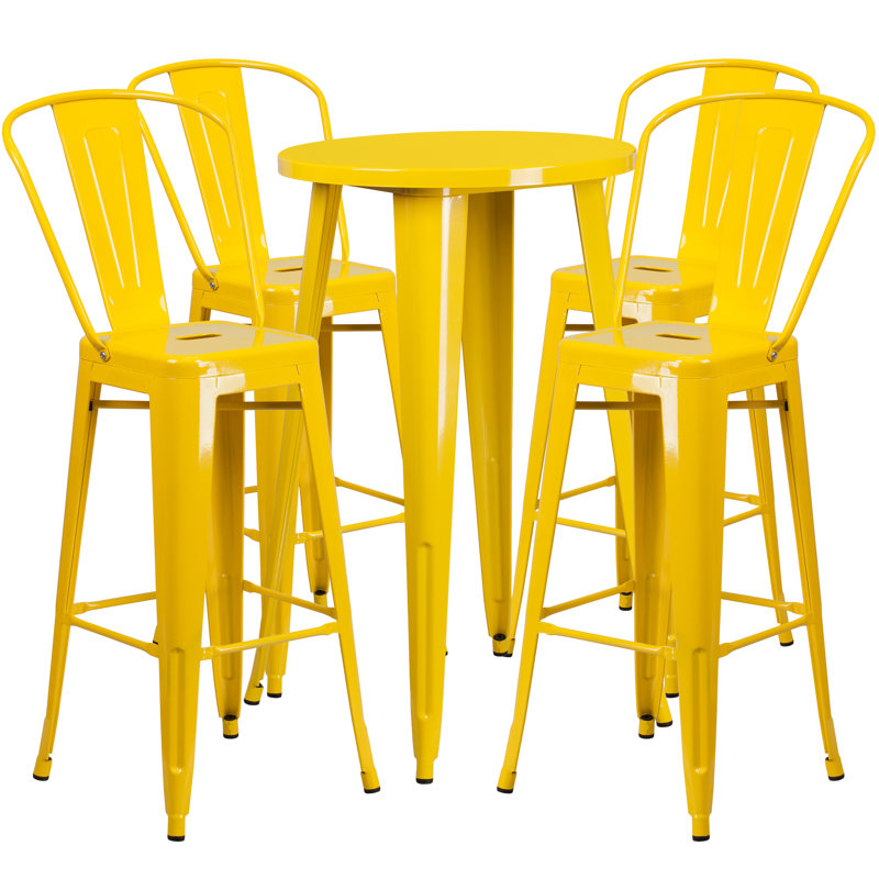 Williamston Round Metal Indoor-Outdoor Bar Table Set with 4 Cafe Stools, Yellow, 41" H x 24" W x 24" L