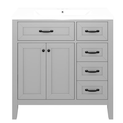 36 - Inch Modern Grey Bathroom Vanity With Solid Rubber Wood Frame, Board, Centre Sink, And Slide Out Drawers For Needs Daily Use
