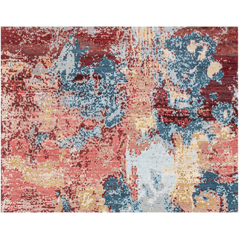 Hand Knotted Abstract Area Rug in Blue/Red/Silver, Rectangle 8' x 10'