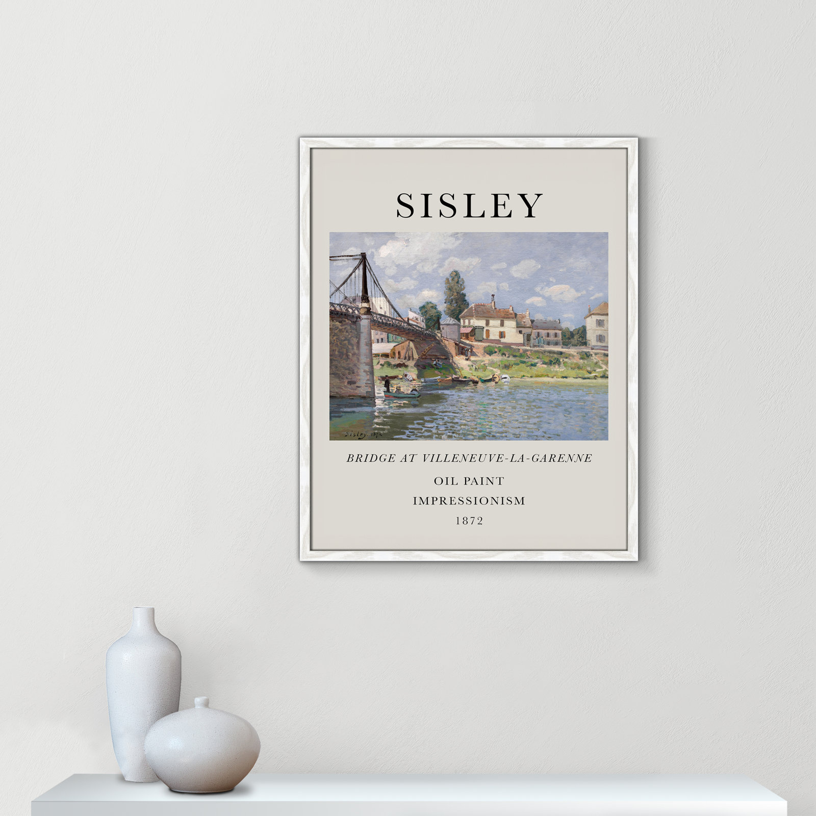 Old Masters Collection " The Bridge At Villeneuve " by Alfred Sisley, No, White Single Picture Frame, 23" H x 17" W x 0.75" D