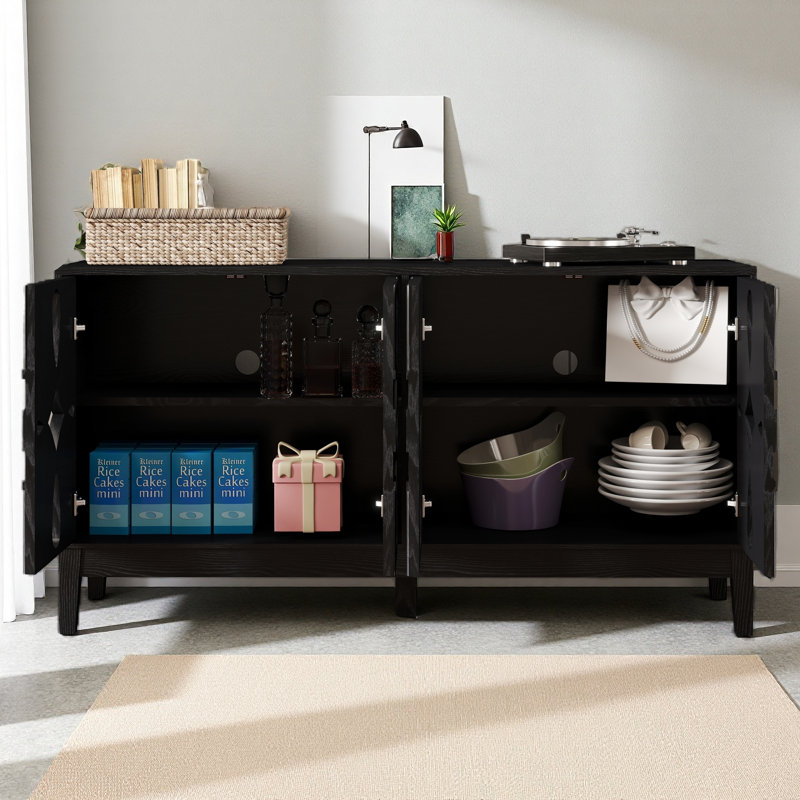 Buffet 60,5 "Mid Century Modern Buffet avec rangement, meuble télé, armoire de rangement avec 4 portes et tablettes réglables pour la cuisine, le salon, le vestibule, noir