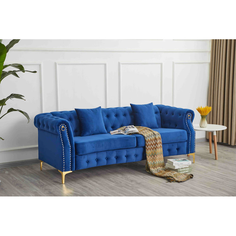 Canapé rembourré avec pieds en métal, Velours bleu foncé, 28"H x 70.1"W x 29.1"D