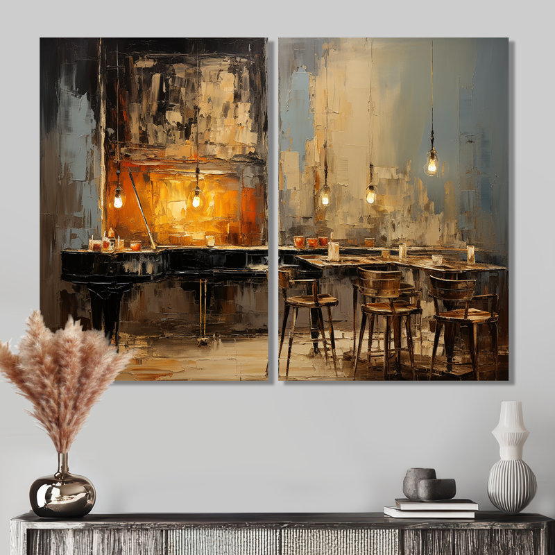 «Sonata Pinao» rétro dans un café Jazz I - art mural traditionnel 2 pièces, H 36 po x l 48 po, Toile tendue
