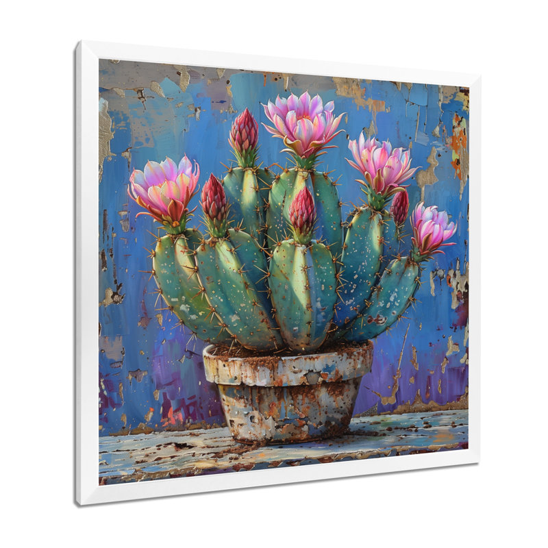 Cactus rose en poterie du désert - impression d'art mural cactus floral, H 16 po x l 16 po x P 1 po
